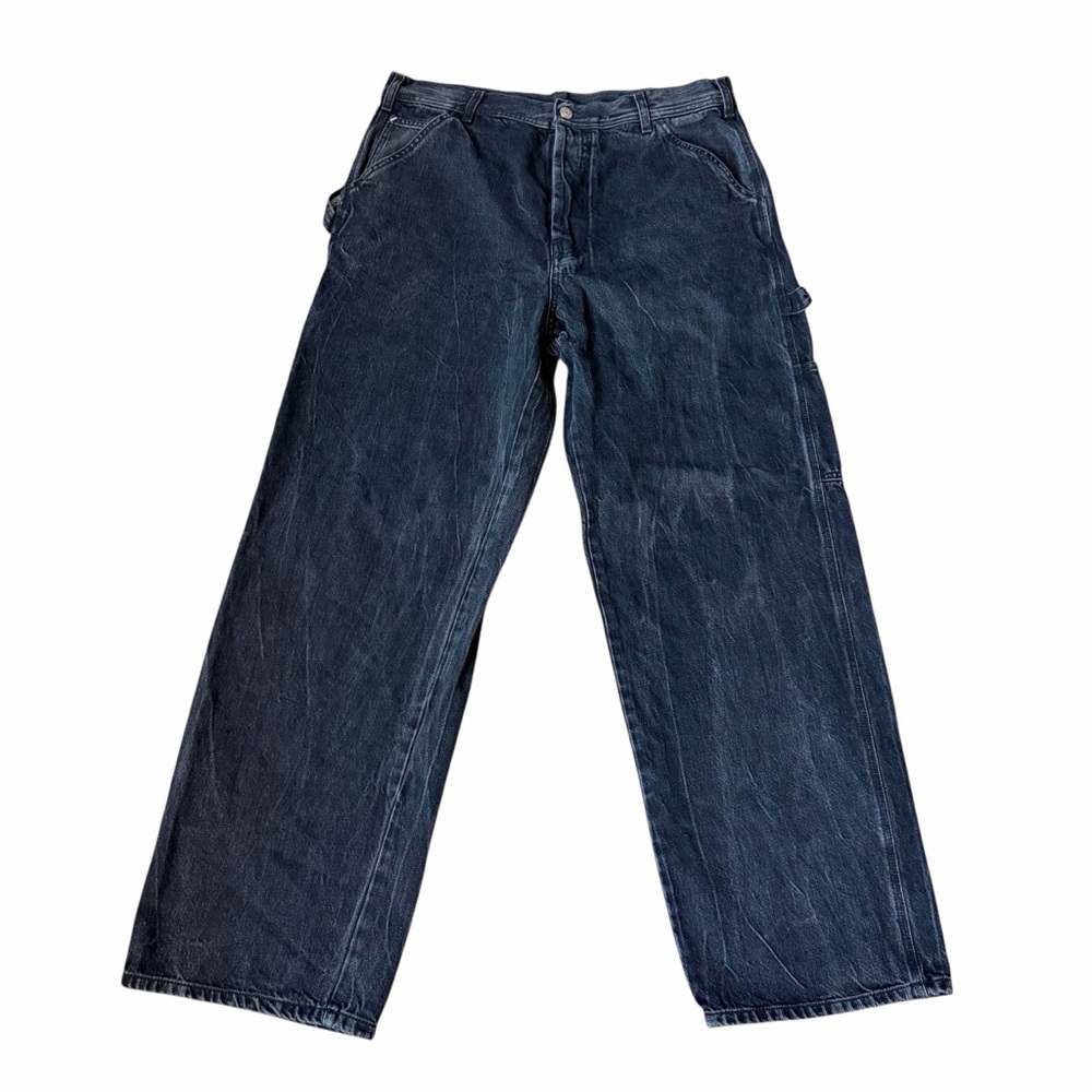 Le Pere Men’s Straight Leg Baggy Jeans Sz 34 Black Wrinkled Denim Carpenter $295